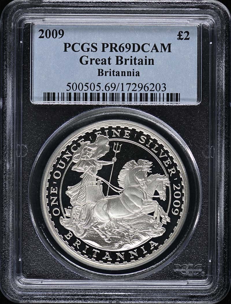 2009 2 S-BF7 Britannia Ag PCGS PR69DCAM: 2009 2 S-BF7 Britannia Ag PCGS PR69DCAM The 2009 Britannia Ag PCGS PR69DCAM features a high-grade, uncirculated condition with a strong cameo effect. Certified by the Professional Coin Grading Service