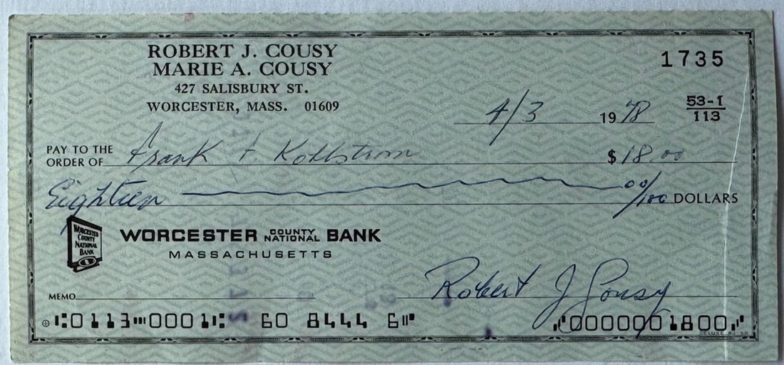 Cancelled check by Bob Cousy: Cancelled check by Bob Cousy Bob Cousy's blue pen signature spans the front of this cancelled check, adding a touch of sports history to your collection. The check itself bears the markings of a legit