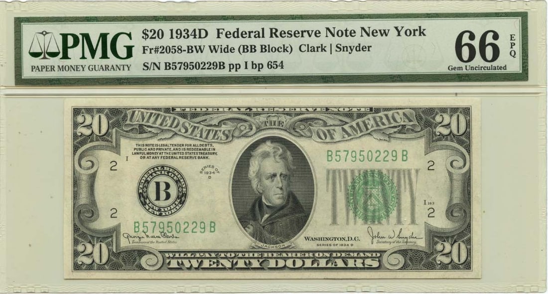 1934D $20 Federal Reserve Note New York FR#2058-BW PMG GEM 66 EPQ: 1934D $20 Federal Reserve Note New York FR#2058-BW PMG GEM 66 EPQ The 1934D $20 Federal Reserve Note, graded MS66 by PMG, boasts exceptional condition with crisp details and minimal wear. This uncircu