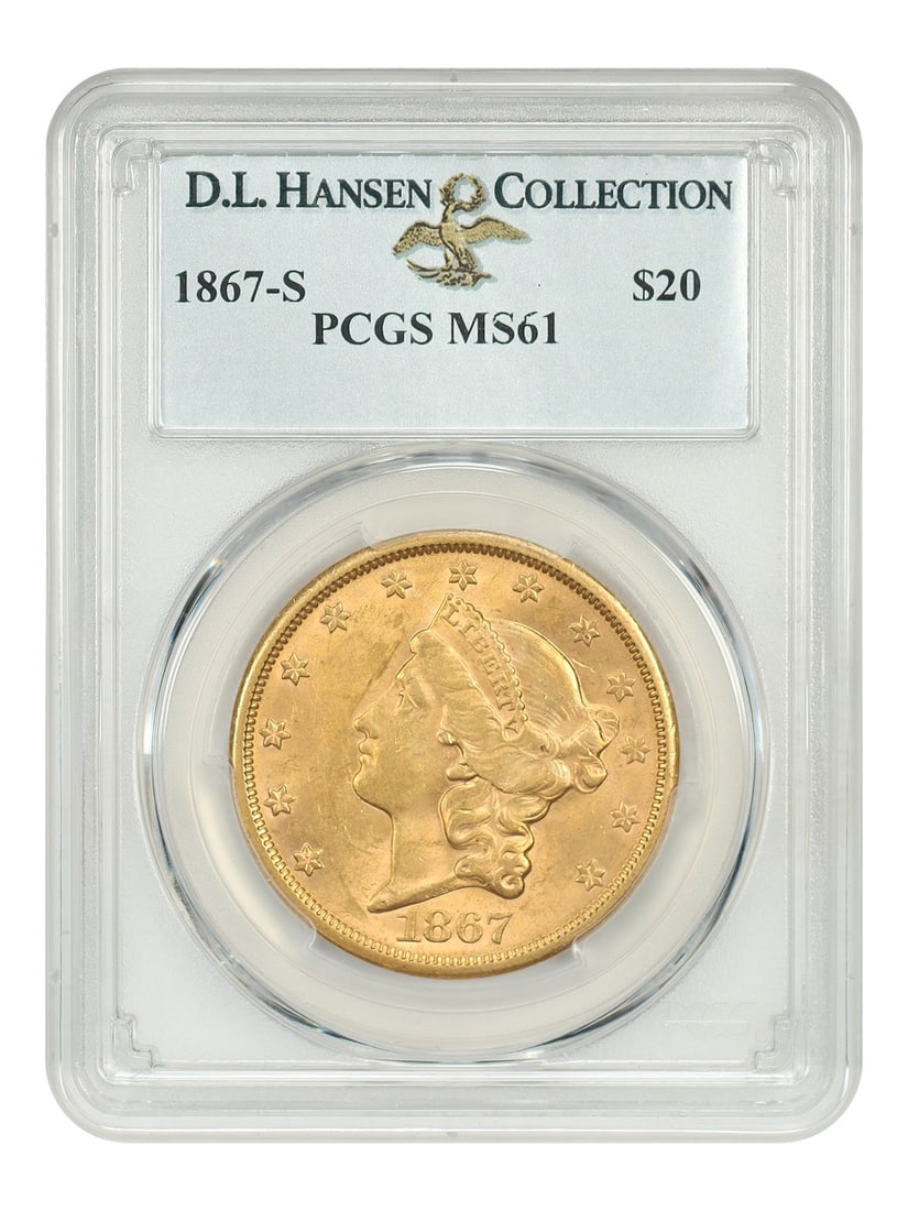 $20 PCGS MS61 ex D.L. Hansen 1867-S: $20 PCGS MS61 ex D.L. Hansen 1867-S The $20 PCGS MS61 ex D.L. Hansen 1867-S is an uncirculated gold coin from the San Francisco Mint, certified by the Professional Coin Grading Service (PCGS) with a g