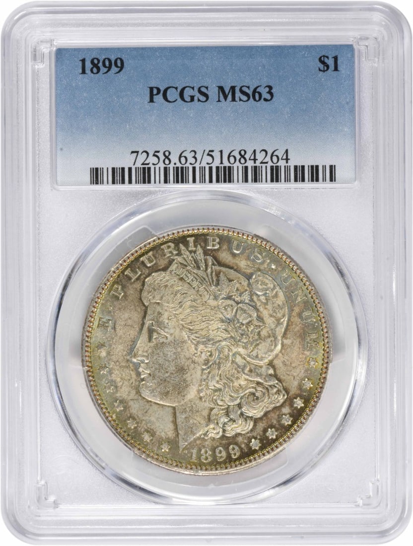 MS63 PCGS Obverse 1899 Morgan Dollar Silver: MS63 PCGS Obverse 1899 Morgan Dollar Silver MS63 PCGS Obverse 1899 Morgan Dollar Silver is a highly graded Uncirculated coin from the iconic George T. Morgan design era, featuring a reeded edge and no