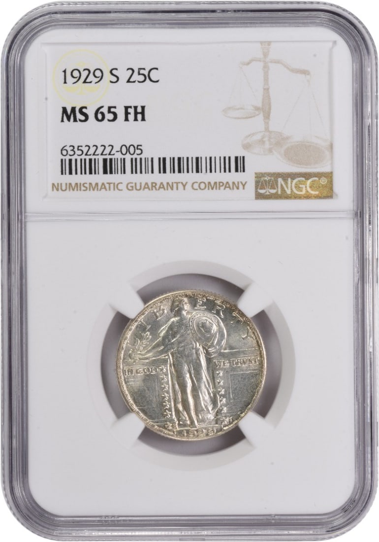 Silver Quarter MS65FH 1929 Standing Liberty NGC: Silver Quarter MS65FH 1929 Standing Liberty NGC The 1929 Standing Liberty quarter, graded MS65 by the Numismatic Guaranty Corporation (NGC), boasts exceptional details and luster. This silver coin fea
