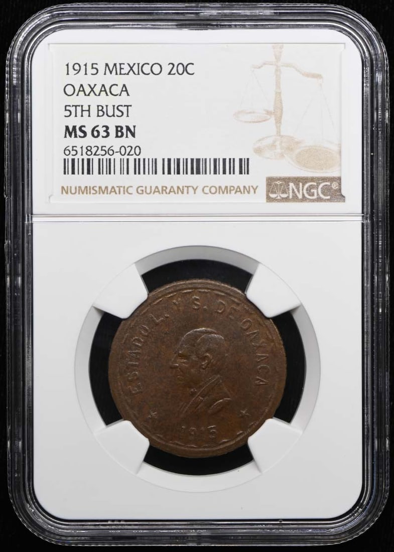 1915 MEXICO OAXACA KM-730 GB-327 20C NGC MS63BN: 1915 MEXICO OAXACA KM-730 GB-327 20C NGC MS63BN The 1915 Mexico Oaxaca coin features a KM-730 and GB-327 designation, indicating its specific design and mint mark. Graded MS63 by the Numismatic Guaran