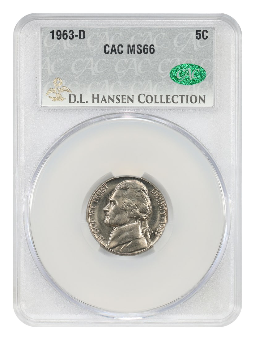CACG 5C MS66 1963 ex D.L. Hansen: CACG 5C MS66 1963 ex D.L. Hansen The 1963 5C MS66, certified by CACG as MS66, boasts exceptional mint state condition with deep, rich details. This coin has been carefully preserved and graded by a re