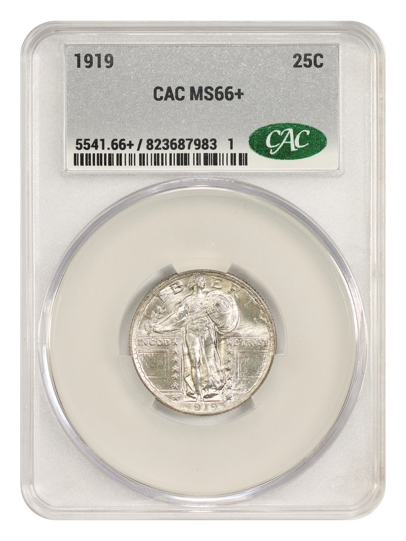 STANDING LIBERTY QUARTER 1919 25C CACG MS66: STANDING LIBERTY QUARTER 1919 25C CACG MS66 Standing Liberty Quarter 1919 25C CACG MS66 - A Rare and Highly Detailed Uncirculated Coin. This stunning coin features the iconic Standing Liberty design, 