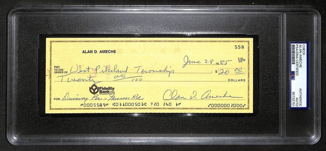 Alan Ameche signed auto check bank 1954 1985 heisman PSA 205386: Alan Ameche signed auto check bank 1954 1985 heisman PSA 205386 Item Specifics: Original/Reprint: Original Product: Check Sport: Football Product Disclaimer: Not affiliated with any team or league. Si
