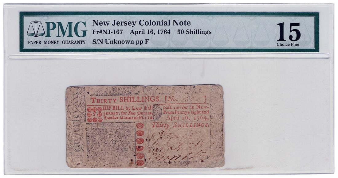 FR. NJ-167 April 16, 1764 30 Shillings New Jersey Colonial Note PMG Choice Fine (1 of 2)