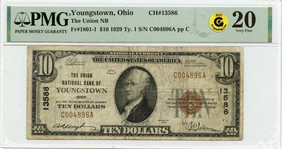 YoungstownOH Gold Ty$10 Union Nat'l Bank VF20 GCC CH#13586: YoungstownOH Gold Ty$10 Union Nat'l Bank VF20 GCC CH#13586 The YoungstownOH Gold Ty$10 Union Nat'l Bank features a stunning design from 1929, graded VF20 by PMG. This circulated note bears the certifi