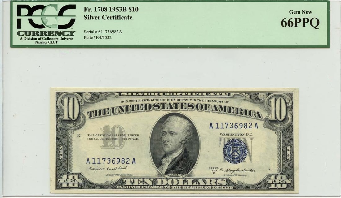 1953B $10 Silver Certificate Blue Smith Dillon Fr# 1708 PCGS GEM 66 PPQ: 1953B $10 Silver Certificate Blue Smith Dillon Fr# 1708 PCGS GEM 66 PPQ The 1953B $10 Silver Certificate features a striking blue color and is certified by PCGS as MS66, indicating its exceptional con