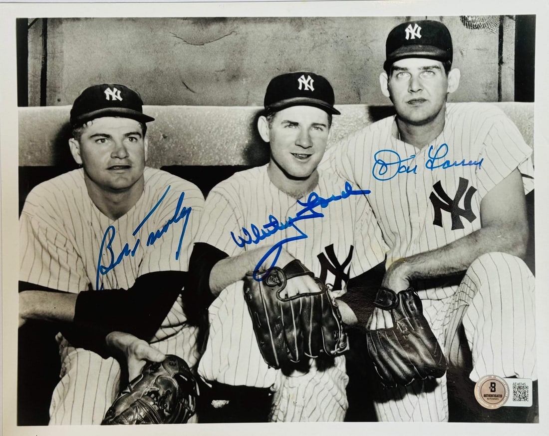 Bob Turley Whitey Ford Don Larsen Autographed 8x10 Baseball Photo (Beckett): Bob Turley Whitey Ford Don Larsen Autographed 8x10 Baseball Photo (Beckett) Signed in blue sharpie across the front of the photo by Bob Turley, Whitey Ford, and Don Larsen, this 8x10 baseball photo be