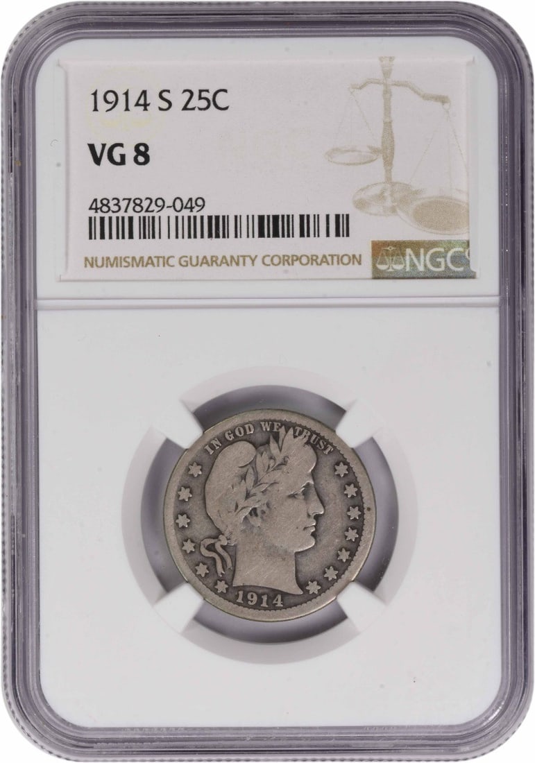 1914-S Barber Silver Quarter VG08 NGC: 1914-S Barber Silver Quarter VG08 NGC The 1914-S Barber Silver Quarter features a distinctive design by Charles E. Barber, with its reeded edge and silver composition. Certified by the NGC as Circulat