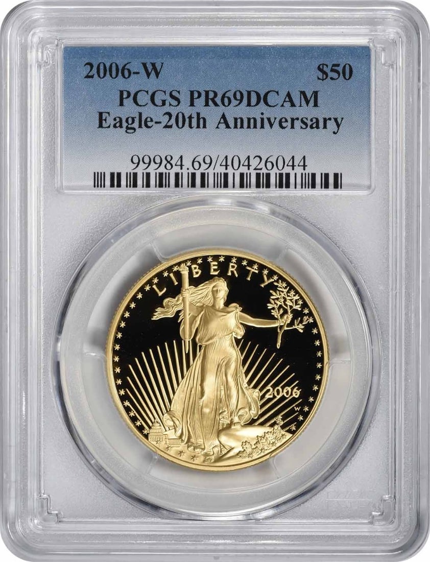 2006-W $50 American Gold Eagle PR69DCAM PCGS: 2006-W $50 American Gold Eagle PR69DCAM PCGS The 2006-W $50 American Gold Eagle, graded PR69DCAM by PCGS, boasts exceptional proof quality with its striking design and precise details. This stunning c