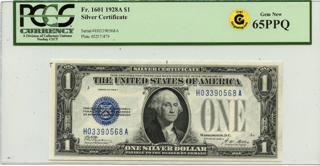 $1 Silver Certificate 1928A GEM 65 FR#1601 PCGS PPQ GCC Gold: $1 Silver Certificate 1928A GEM 65 FR#1601 PCGS PPQ GCC Gold The 1928A Silver Certificate, graded MS65 by PCGS, boasts an exceptionally high grade for its circulated state. This rare find features a u