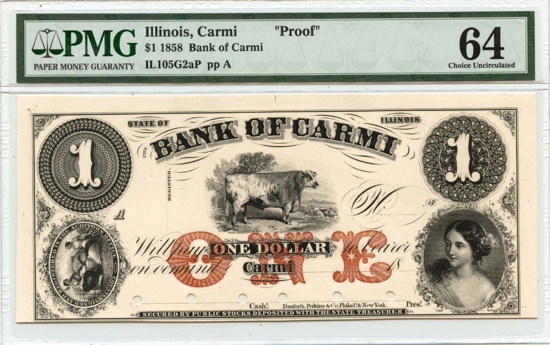 1858 $1 Carmi, Illinois Obsolete Note Bank of Carmi PMG CU64 Proof: 1858 $1 Carmi, Illinois Obsolete Note Bank of Carmi PMG CU64 Proof This 1858 $1 Carmi, Illinois Obsolete Note features a Proof PMG CU64 grade from the Bank of Carmi. The note bears a signature and is 