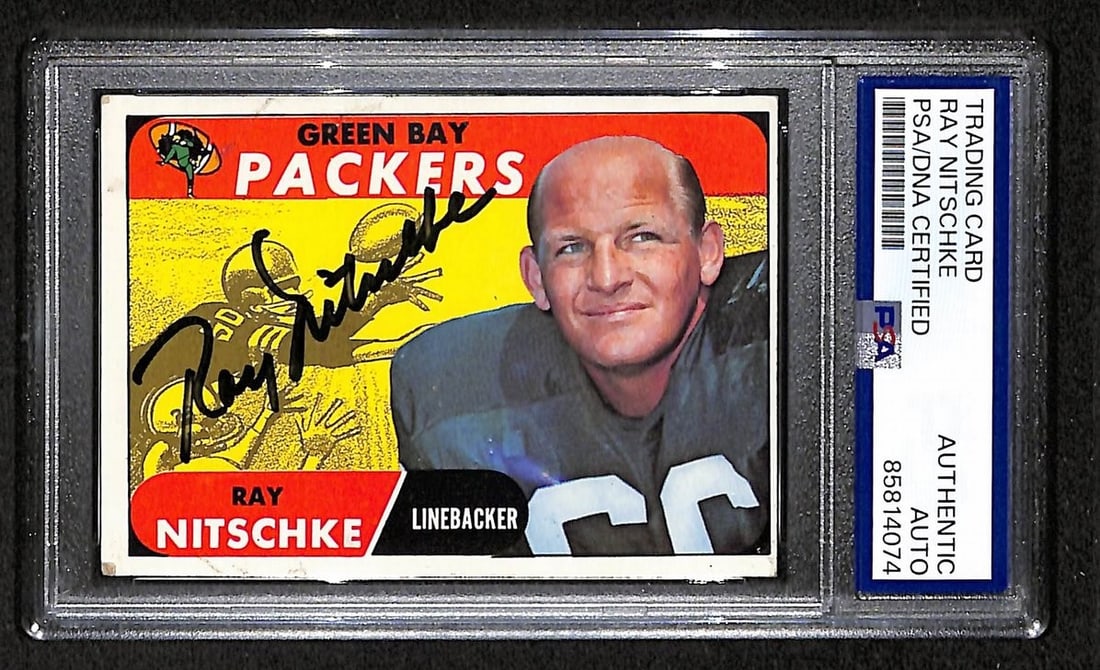 Ray Nitschke HOF Signed/ Auto 1968 TOPPS Football Card #157 PSA/ DNA 209392: Ray Nitschke HOF Signed/ Auto 1968 TOPPS Football Card #157 PSA/ DNA 209392 Signed by Ray Nitschke, the legendary linebacker who led the Green Bay Packers to five NFL championships. This 1968 Topps fo