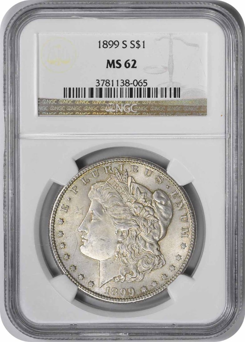 Morgan Silver Dollar MS62 by NGC in 1899: Morgan Silver Dollar MS62 by NGC in 1899 MS62 Morgan Silver Dollar from 1899, certified by the NGC as Uncirculated, boasts an impressive grade and stunning silver composition. This coin features Georg
