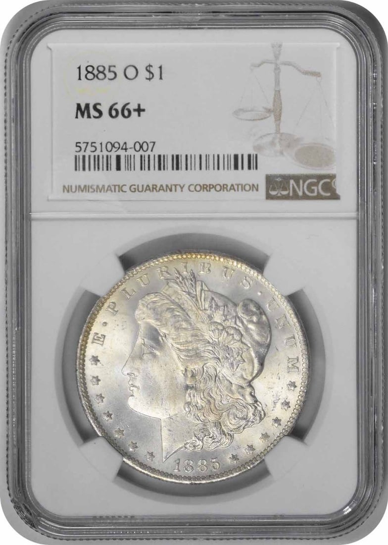 Morgan Silver Dollar MS66+ NGC 1885-O: Morgan Silver Dollar MS66+ NGC 1885-O The Morgan Silver Dollar MS66+ NGC 1885-O boasts exceptional condition, with its high-grade certification from the Numismatic Guaranty Corporation (NGC) and a str