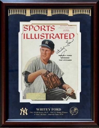 Whitey Ford Autographed Sports Illustrated Magazine September 10 1956 Framed: Whitey Ford Autographed Sports Illustrated Magazine September 10 1956 Framed Signed in black sharpie across the front of a vintage Sports Illustrated magazine from September 10, 1956. This framed issu