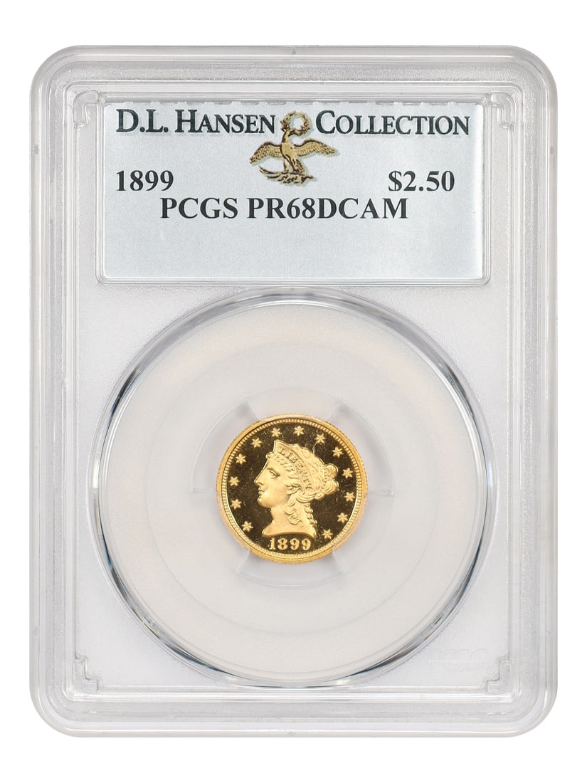 1899 $2.50 PCGS PR68DCAM ex: D.L. Hansen - Liberty Head $2.5: 1899 $2.50 PCGS PR68DCAM ex: D.L. Hansen - Liberty Head $2.5 The 1899 $2.50 Liberty Head quarter dollar, graded PR68DCAM by PCGS, boasts exceptional preservation with deep mint luster and crisp detail