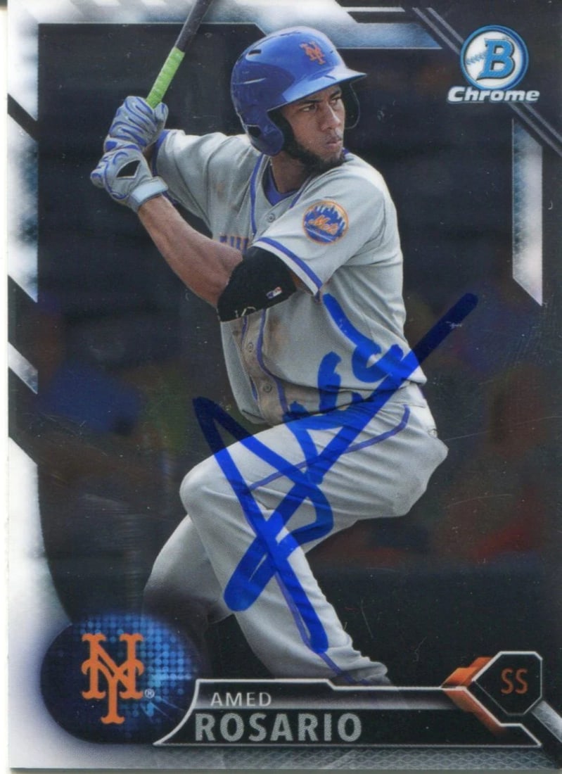 Autographed Card Amed Rosario 2016 Bowman Chrome Rookie: Autographed Card Amed Rosario 2016 Bowman Chrome Rookie Amed Rosario's 2016 Bowman Chrome Rookie Card boasts an authentic autograph, verified by . This card is in NRMT-MT condition and comes with a Ce