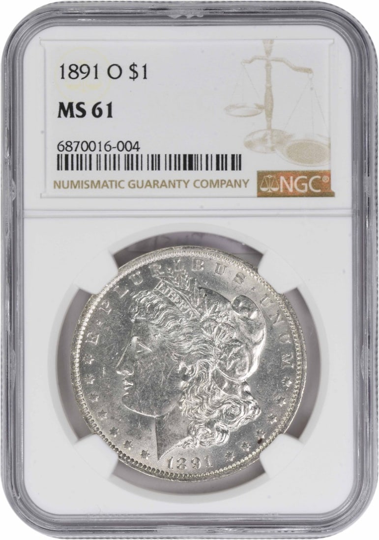 1891-O Morgan Silver Dollar MS61 NGC: 1891-O Morgan Silver Dollar MS61 NGC The 1891-O Morgan Silver Dollar MS61 NGC boasts exceptional detail and luster, earning its high grade from the renowned Numismatic Guaranty Corporation. With a ric