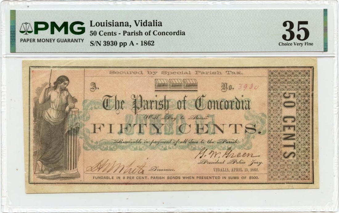 1862 50 Cents Vidalia, Louisiana Obsolete Note Parish of Concordia PMG VF35: 1862 50 Cents Vidalia, Louisiana Obsolete Note Parish of Concordia PMG VF35 This 1862 Obsolete Note from Vidalia, Louisiana features the Parish of Concordia and is graded VF35 by PMG. The note bears a