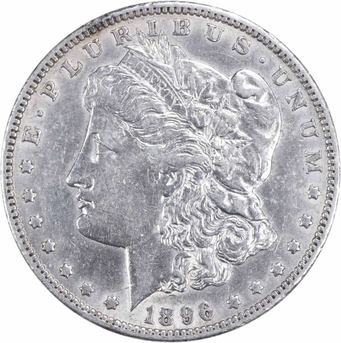 Morgan Silver Dollar 1896 AU Uncertified: Morgan Silver Dollar 1896 AU Uncertified The Morgan Silver Dollar, minted in 1896, boasts an impressive diameter of 38.10 millimeters and features a reeded edge. This circulated coin is made from 90% 