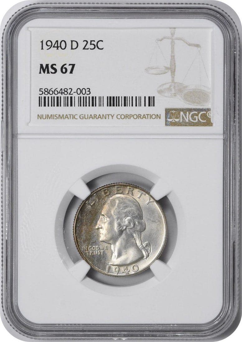 MS67 NGC Washington Quarter 1940-D: MS67 NGC Washington Quarter 1940-D The MS67 NGC Washington Quarter 1940-D boasts an exceptional grade, showcasing its impressive condition. Certified by the Numismatic Guaranty Corporation as Uncircul