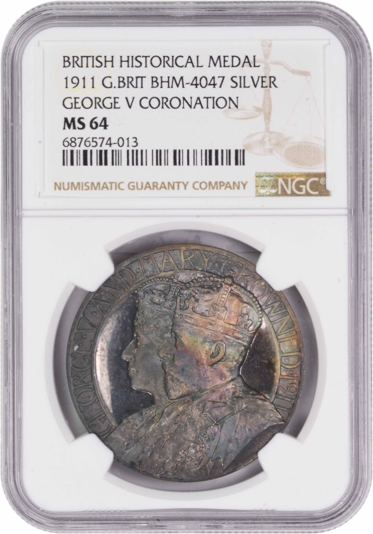 1911 Great Britain Silver Medal George V Coronation BHM-4047 MS64 NGC: 1911 Great Britain Silver Medal George V Coronation BHM-4047 MS64 NGC The 1911 Great Britain Silver Medal George V Coronation, graded MS64 by the Numismatic Guaranty Corporation (NGC), boasts exceptio
