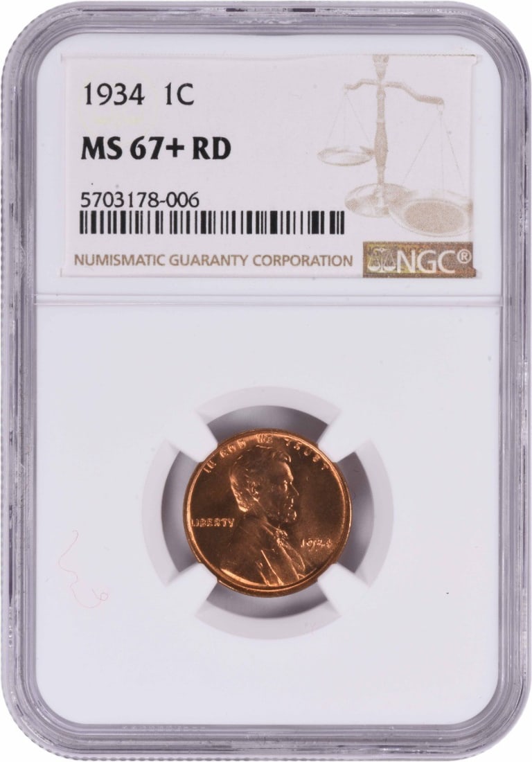 1934 Lincoln Cent MS67+RD NGC: 1934 Lincoln Cent MS67+RD NGC The 1934 Lincoln Cent MS67+RD NGC features a high-grade, uncirculated condition with a strong grade of MS67 and RD designation. This coin boasts exceptional detail and lu