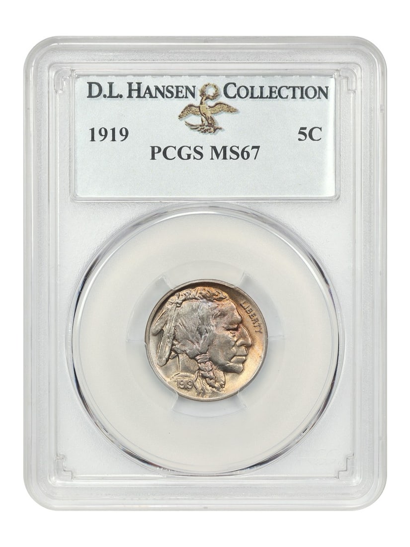 1919 5C PCGS MS67 ex: D.L. Hansen: 1919 5C PCGS MS67 ex: D.L. Hansen The 1919 5C, graded MS67 by PCGS, boasts exceptional condition with its uncirculated status. This coin's high grade is a testament to its pristine state, making it a