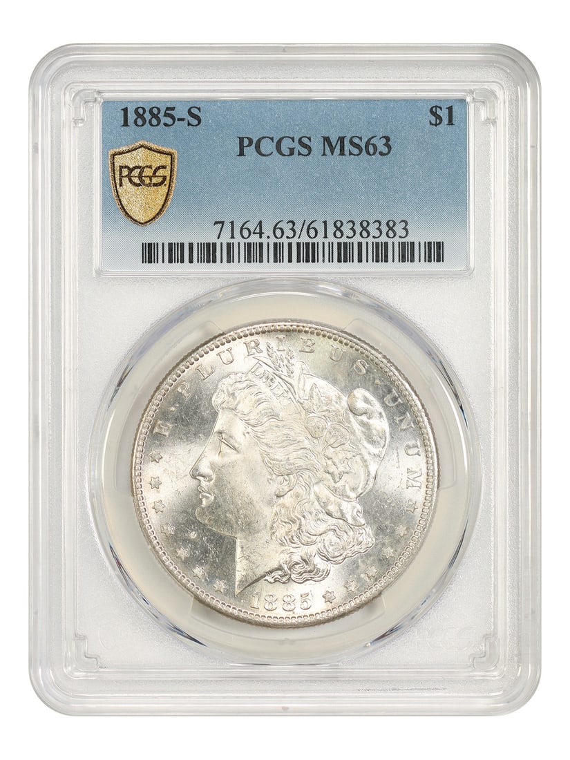 1885-S $1 PCGS MS63 - Morgan Dollar - Tough S-Mint: 1885-S $1 PCGS MS63 - Morgan Dollar - Tough S-Mint The 1885-S $1 Morgan Dollar, graded MS63 by PCGS, showcases the San Francisco Mint's signature style. This coin bears the hallmark of tough S-Mint