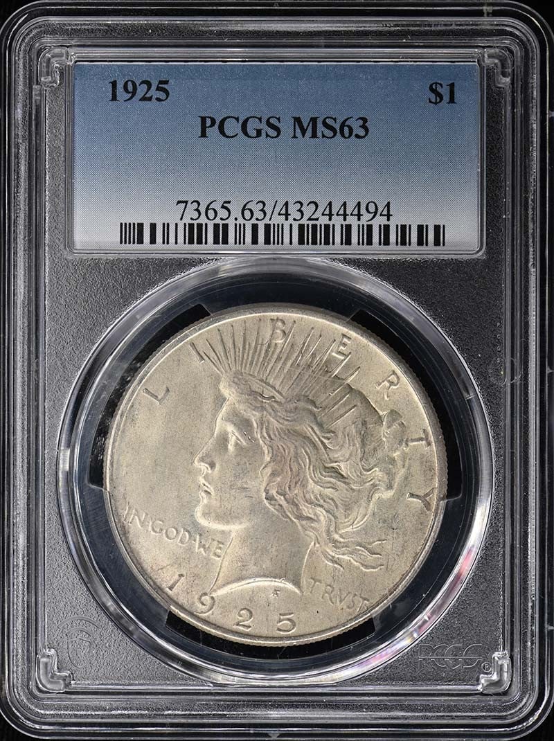 1925 $1 Peace Dollar PCGS MS63: 1925 $1 Peace Dollar PCGS MS63 The 1925 $1 Peace Dollar, certified MS63 by PCGS, showcases exceptional detail and luster. Graded uncirculated, this coin boasts a rich history as part of the iconic