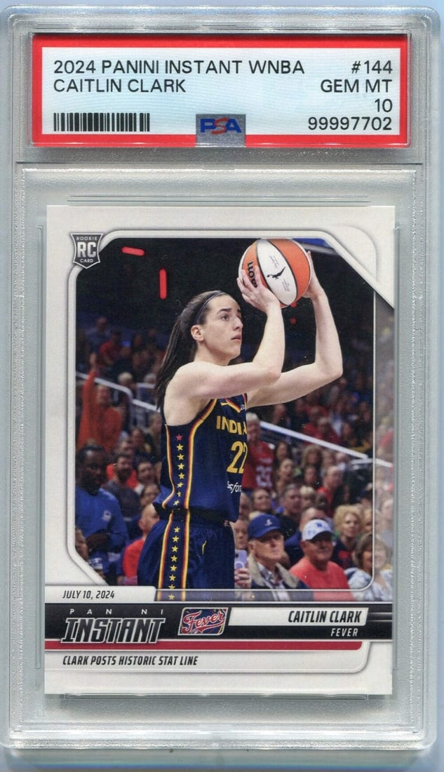 Clark Caitlin 2024 2025 Graded PSA RC Instant Panini #144: Clark Caitlin 2024 2025 Graded PSA RC Instant Panini #144 The Clark Caitlin 2024-2025 Panini Instant RC #144 PSA Graded 10 is a highly graded, instant panini card featuring Caitlin Clark. Packed and