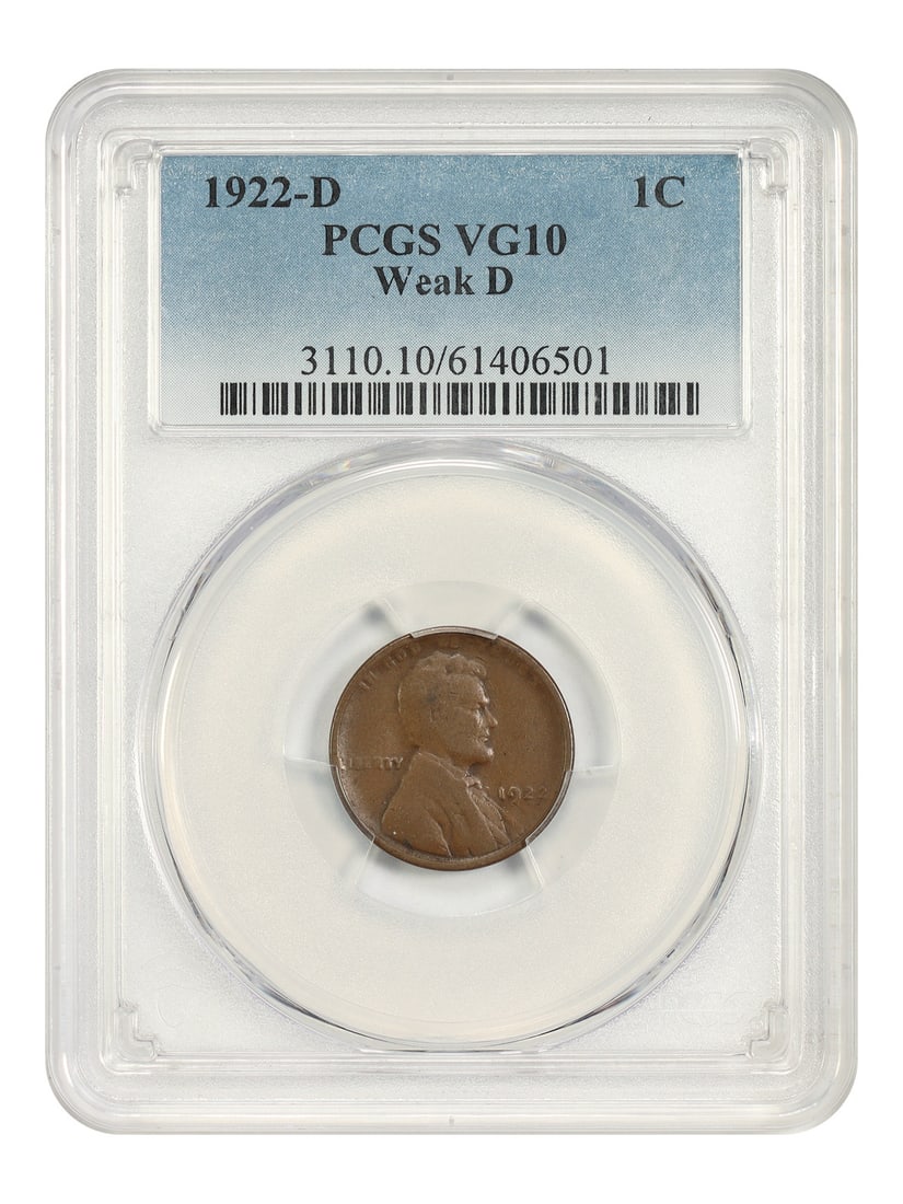 1922-D 1C PCGS VG10 (Weak D) - Lincoln Cent (Wheat Reverse): 1922-D 1C PCGS VG10 (Weak D) - Lincoln Cent (Wheat Reverse) 1922-D Lincoln Cent (Wheat Reverse) in VG10 condition, bearing the PCGS certification number 61406501. This circulated coin features a Weak