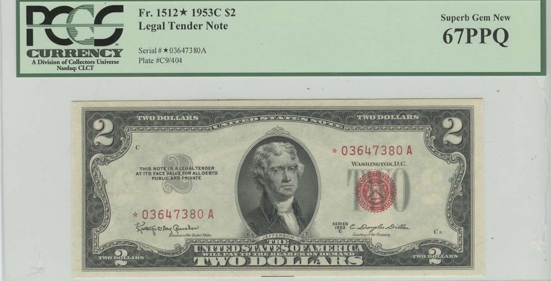 1953C* $2 Legal Tender Star Note PCGS 67 Superb Gem New PPQ: 1953C* $2 Legal Tender Star Note PCGS 67 Superb Gem New PPQ The 1953C* $2 Legal Tender Star Note PCGS 67 Superb Gem New PPQ is a highly graded, uncirculated star note that boasts an impressive MS67 gr