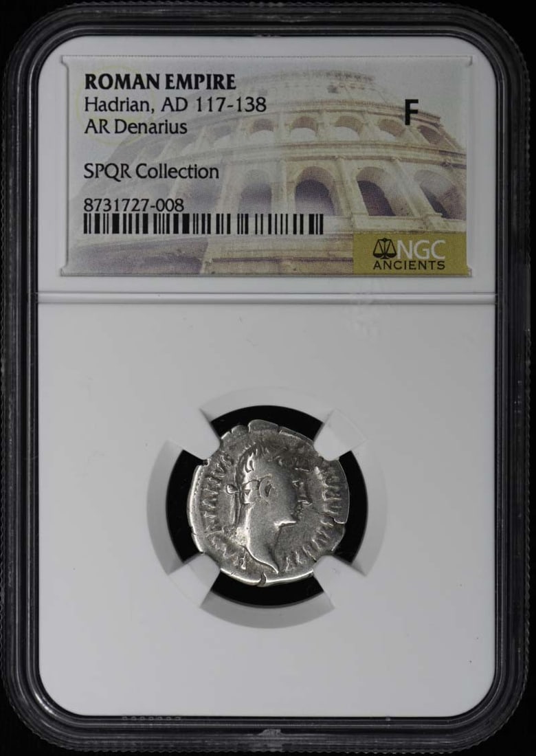 Hadrian, AD 117-138 ROMAN EMPIRE AR Denarius NGC F12: Hadrian, AD 117-138 ROMAN EMPIRE AR Denarius NGC F12 Hadrian's face adorns the obverse, while the reverse features an image of Victory holding a wreath. This NGC F12 graded Roman Empire Ar Denarius is