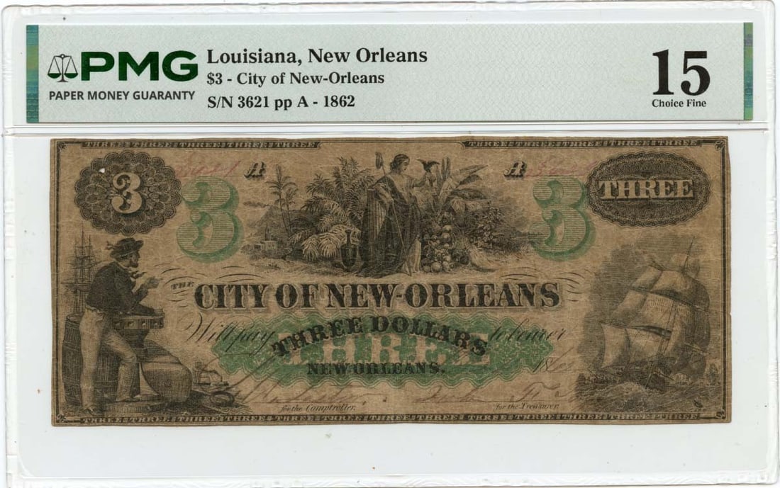 1862 $3 New Orleans, Louisiana Obsolete Note City of New-Orleans PMG F15: 1862 $3 New Orleans, Louisiana Obsolete Note City of New-Orleans PMG F15 The 1862 $3 New Orleans, Louisiana Obsolete Note features a unique design and historical significance. Certified by PMG as F15,