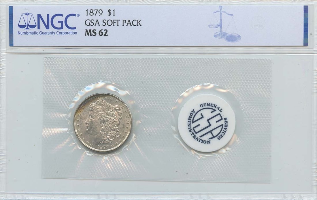 Morgan dollar, 1879, GSA soft pack, $1, NGC, MS62: Morgan dollar, 1879, GSA soft pack, $1, NGC, MS62 The 1879 Morgan dollar, certified by the Numismatic Guaranty Corporation (NGC) as MS62, is a highly detailed and well-preserved example of this iconic