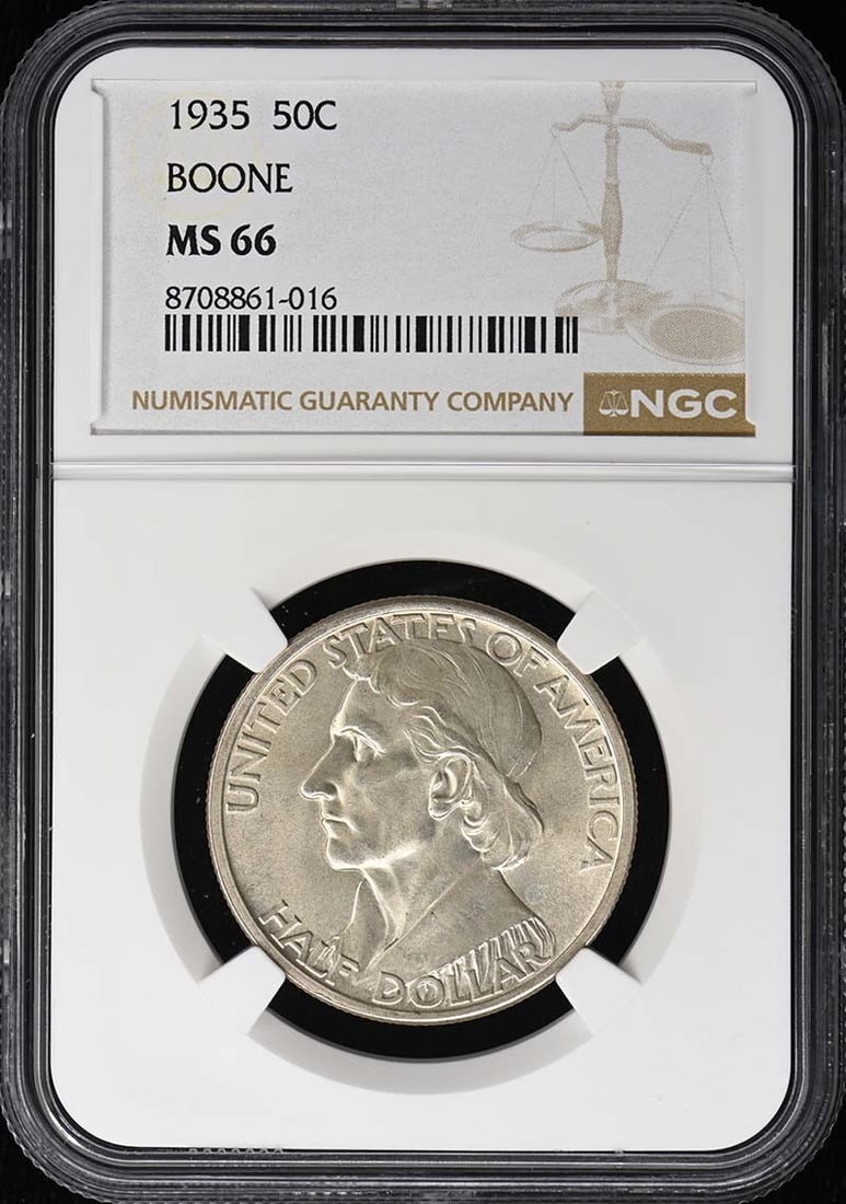 BOONE 1935 Silver Commemorative 50C NGC MS66: BOONE 1935 Silver Commemorative 50C NGC MS66 The Boone 1935 Silver Commemorative 50C NGC MS66 features an intricate design and boasts a high grade of MS66, indicating exceptional condition. Certified 