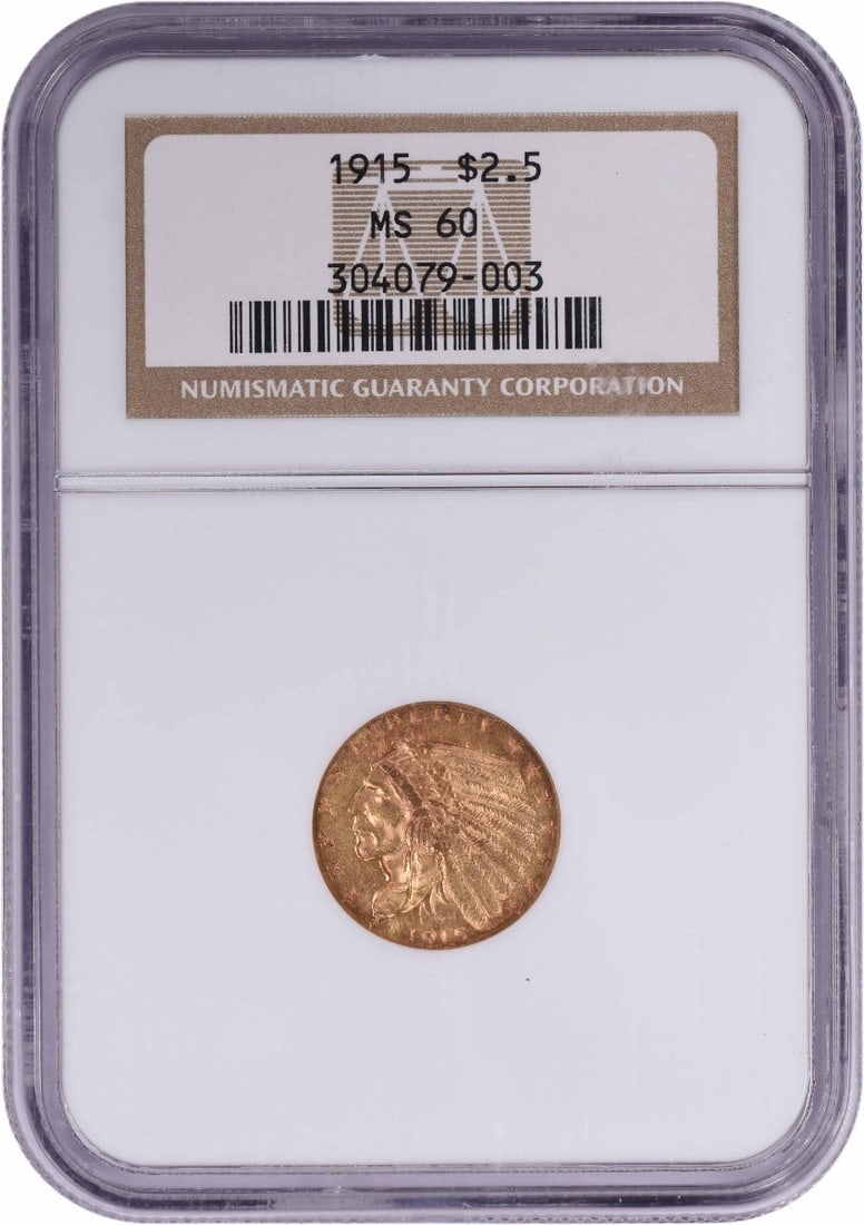 MS60 Gold Indian $2.50 1915: MS60 Gold Indian $2.50 1915 MS60 Gold Indian $2.50 1915 features an MS60 grade, indicating exceptional condition, and was minted in Philadelphia in 1915. This coin boasts a striking design by Bela Lyo