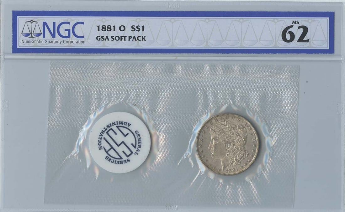 1881-O Morgan Dollar GSA SOFT PACK S$1 NGC MS62: 1881-O Morgan Dollar GSA SOFT PACK S$1 NGC MS62 The 1881-O Morgan Dollar GSA Soft Pack S$1 NGC MS62 is an uncirculated coin with a high grade of MS62, certified by the Numismatic Guaranty Corporation 