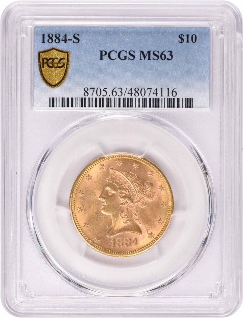 Liberty Head MS63 Gold $10 1884-S PCGS: Liberty Head MS63 Gold $10 1884-S PCGS The Liberty Head $10 gold coin from 1884-S features a distinctive San Francisco mint mark and a rich history. With its MS63 grade and circulated condition, this 
