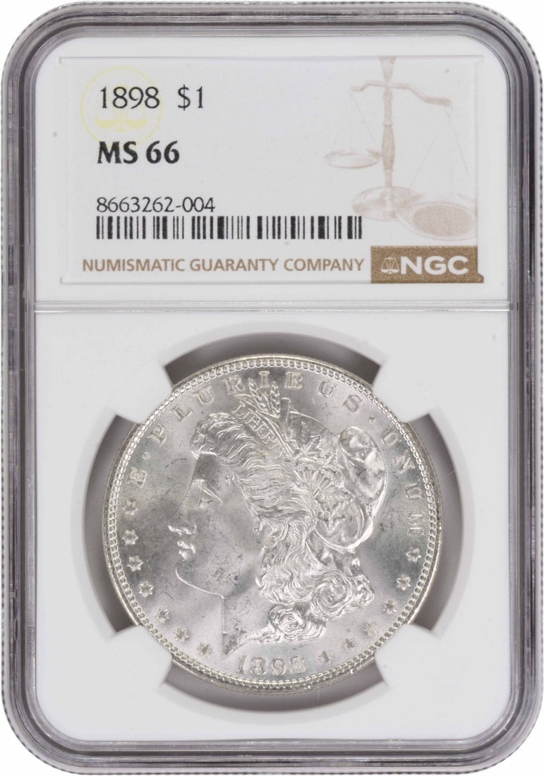Morgan Silver Dollar 1898 MS66 NGC: Morgan Silver Dollar 1898 MS66 NGC The 1898 Morgan Silver Dollar, certified MS66 by the Numismatic Guaranty Corporation (NGC), boasts exceptional condition with its reeded edge and no mint mark. This 