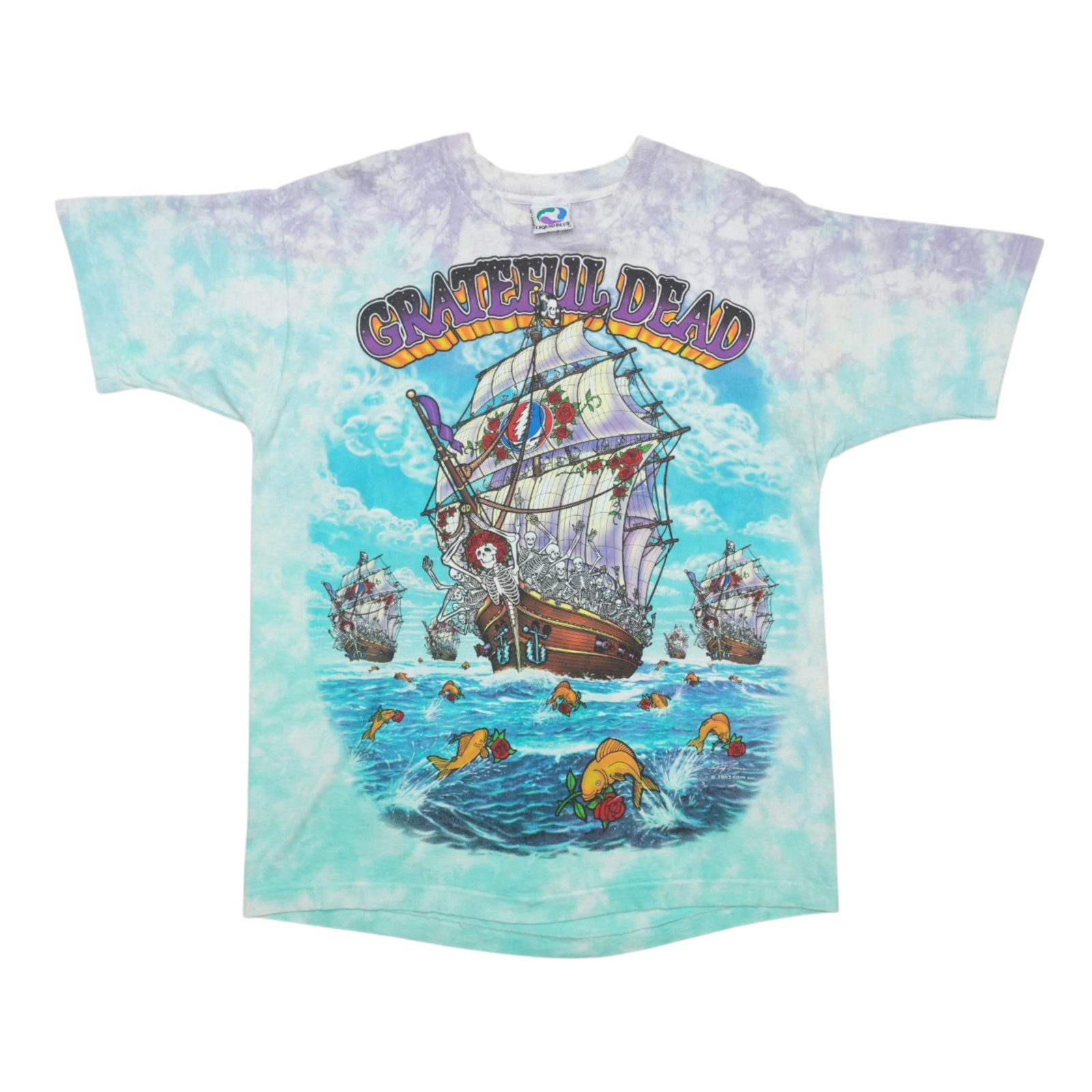 1993 Grateful Dead Ship of Fools Tie Dye Shirt: 1993 Grateful Dead Ship of Fools Tie Dye Shirt This iconic 1993 Grateful Dead Ship of Fools tie-dye shirt boasts vibrant, multicolored hues and a unique, hand-painted design. The shirt's condition ref