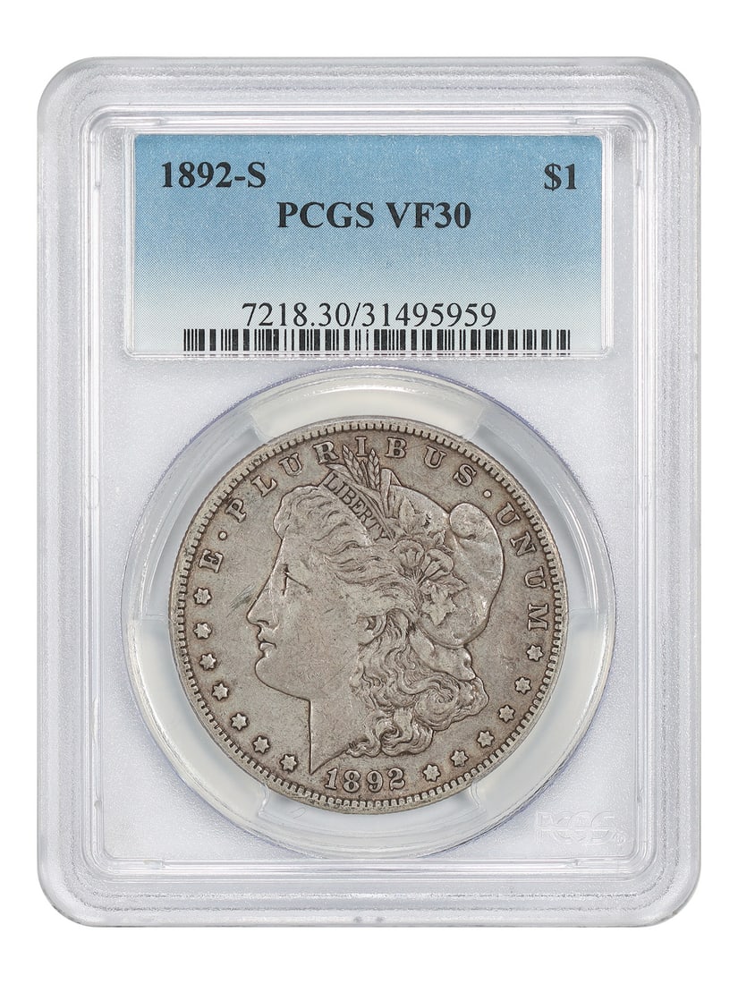 1892-S $1 PCGS VF30 - Morgan Dollar - Scarce Date: 1892-S $1 PCGS VF30 - Morgan Dollar - Scarce Date The 1892-S Morgan Dollar, graded VF30 by PCGS, boasts the scarce San Francisco mint mark. This circulated coin features a notable date and mint locati