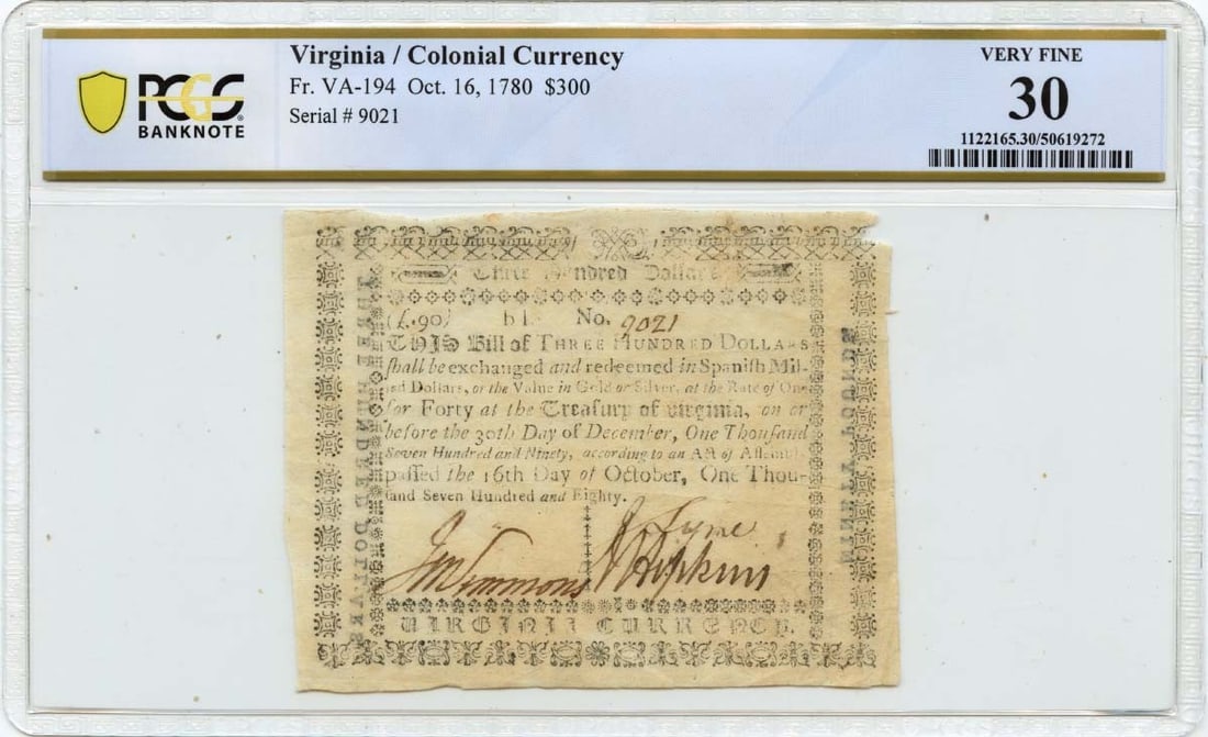 1780 October 16, $300 Virginia Colonial Note FR#VA-194 PCGS VF30 (1 of 1)