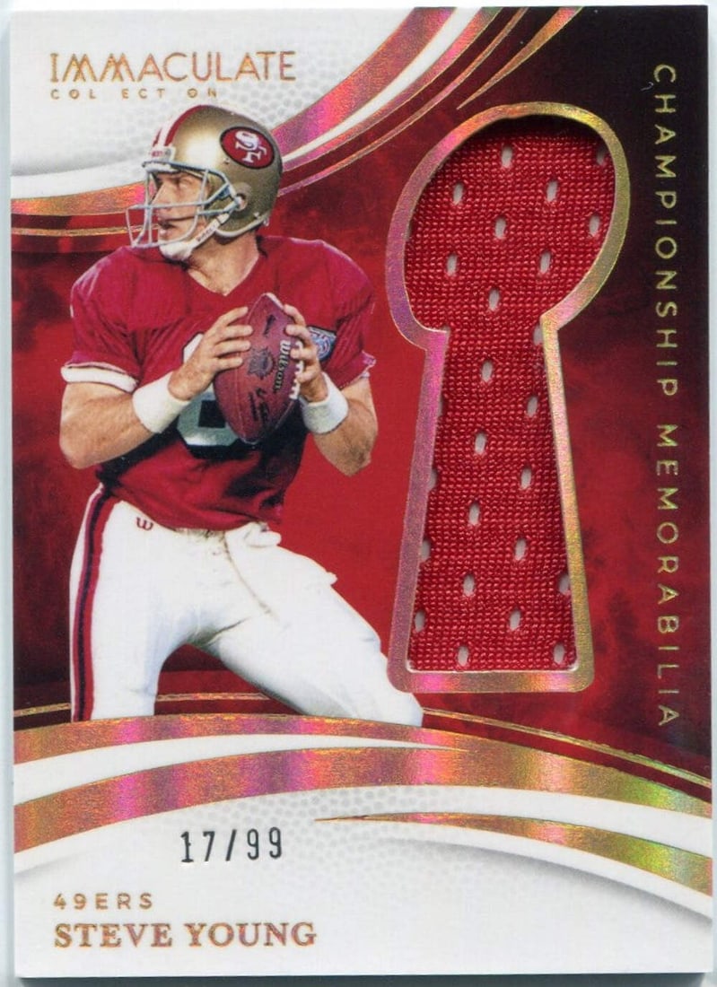 Steve Young 2025 Panini Immaculate Collection Championship Memorabilia Jersey Ca: Steve Young 2025 Panini Immaculate Collection Championship Memorabilia Jersey Ca Steve Young's 2025 Panini Immaculate Collection Championship Memorabilia Jersey Card #CM-SYG 17/99 features a piece of 