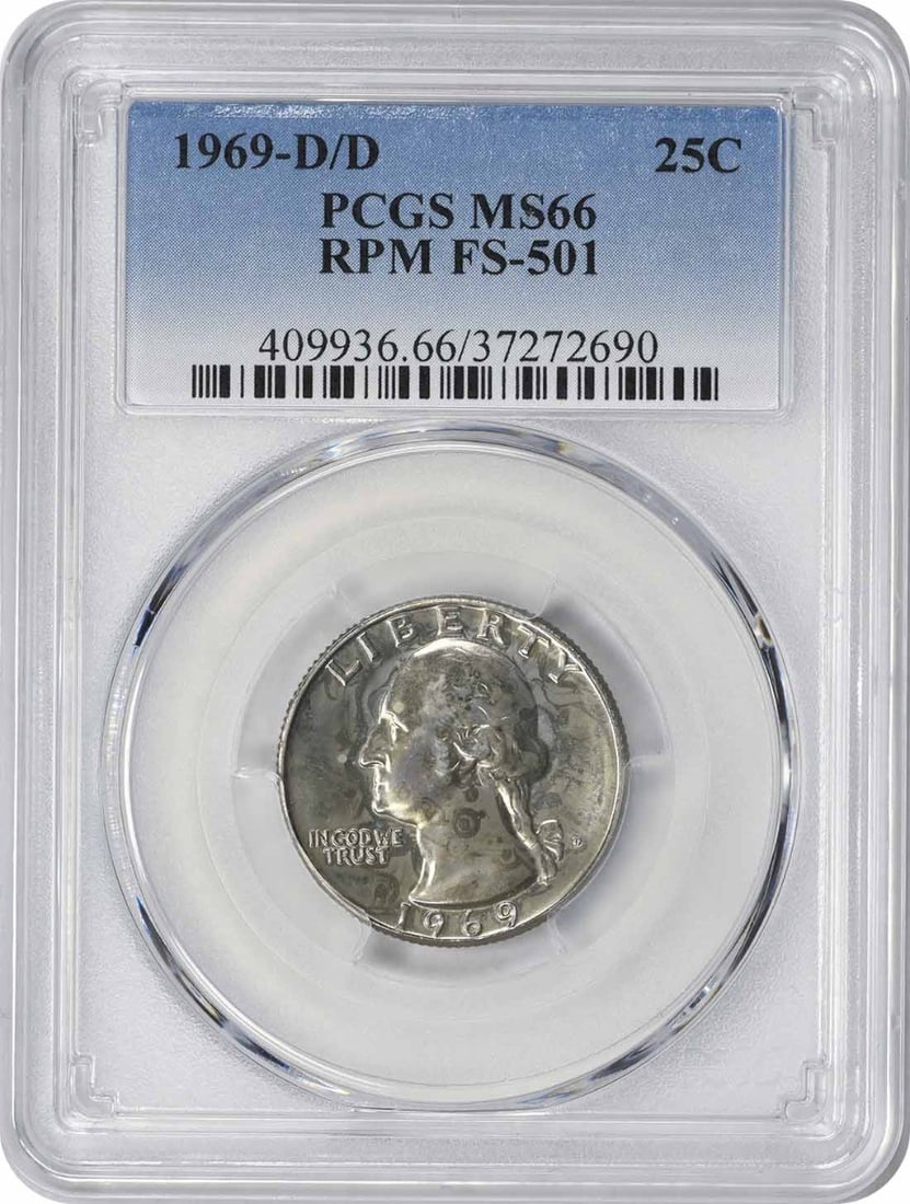 1969-D/ D Washington Quarter RPM FS-501 MS66 PCGS: 1969-D/ D Washington Quarter RPM FS-501 MS66 PCGS The 1969-D Washington Quarter, certified MS66 by PCGS, boasts a striking design featuring John Flanagan's iconic portrait of George Washington. With i