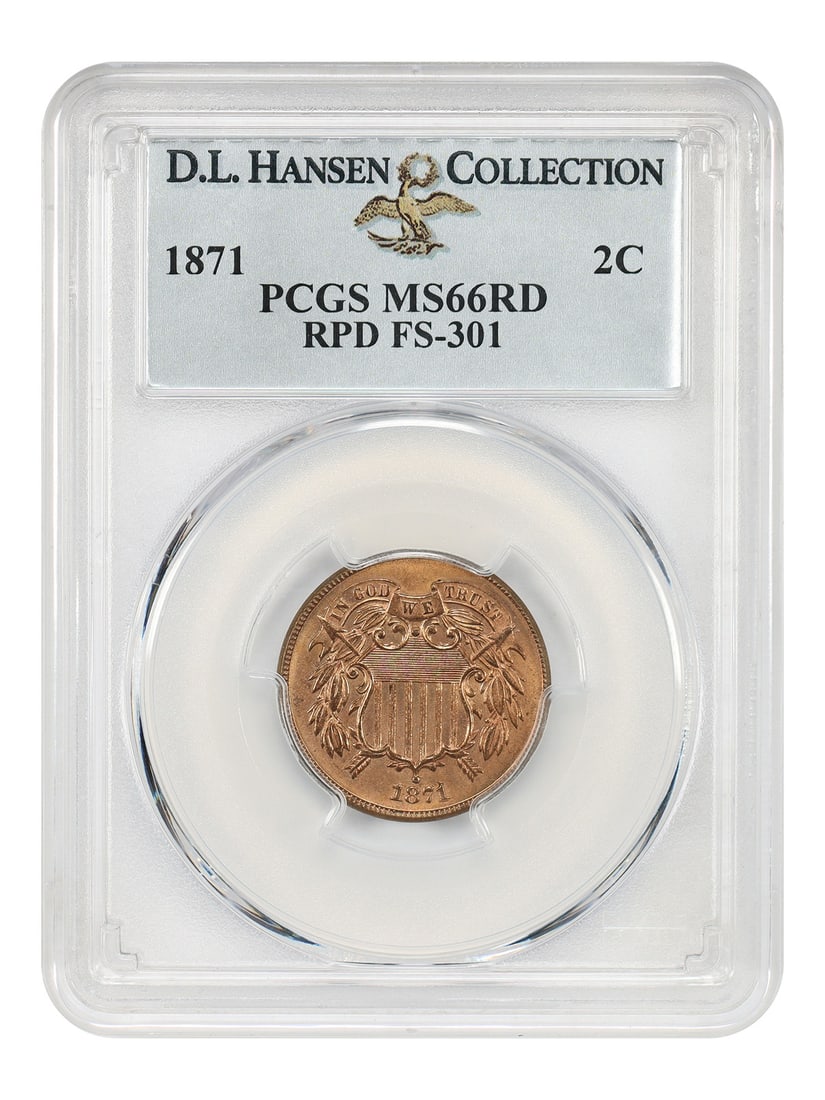 1871 2c PCGS MS66RD (RPD, FS-301) ex: D.L. Hansen: 1871 2c PCGS MS66RD (RPD, FS-301) ex: D.L. Hansen 1871 2c PCGS MS66RD (RPD, FS-301) ex: D.L. Hansen - A highly graded and certified example of the 1871 2-cent piece, featuring a rich reddish-brown col